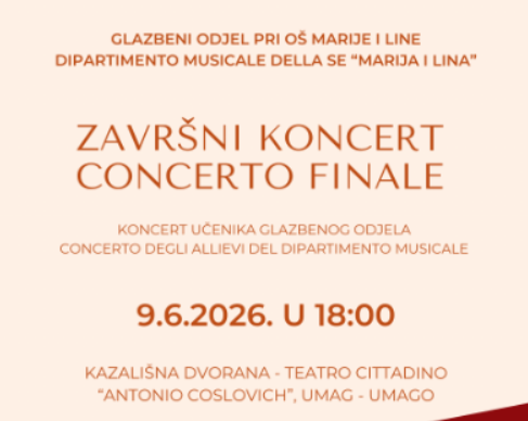 Završni koncert Glazbenog odjela u utorak, 9. 6. 2026. s početkom u 18:00 sati